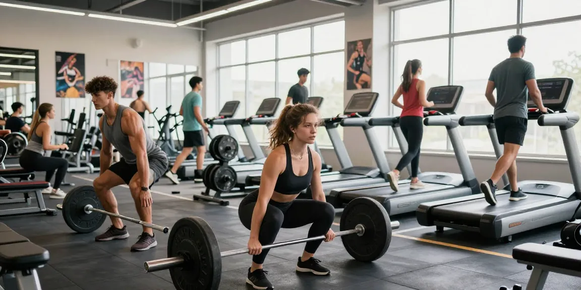 Steroid Shop: Fitness enthusiasts lifting weights and running in a modern gym.