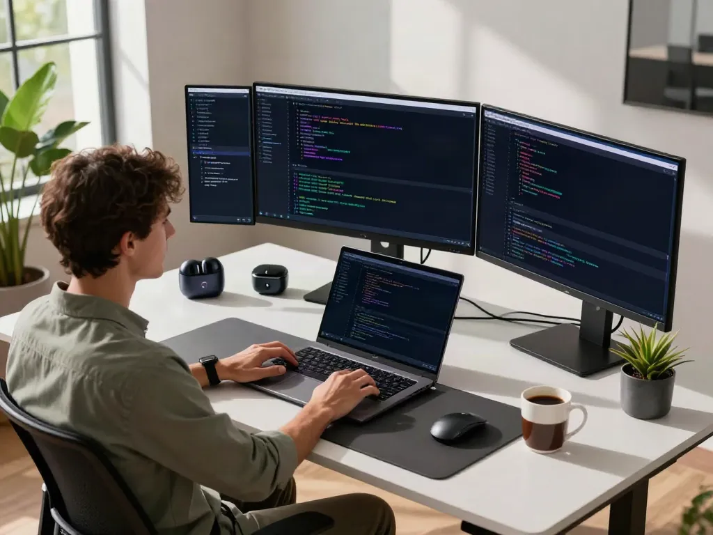 v2rayN官网 software development workspace with multiple monitors and coding interfaces