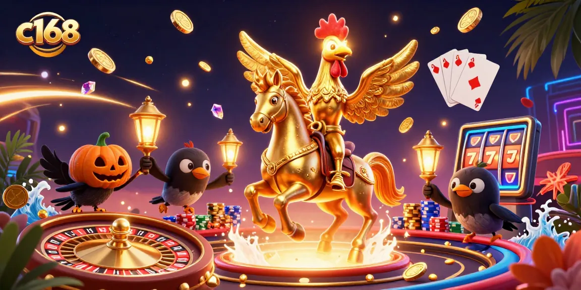 Win at c168's games with vibrant casino visuals of golden rooster and companions.