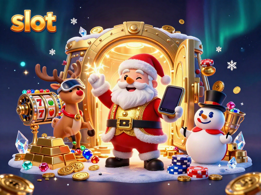 Engaging casino scene featuring Santa and friends celebrating big slot wins.