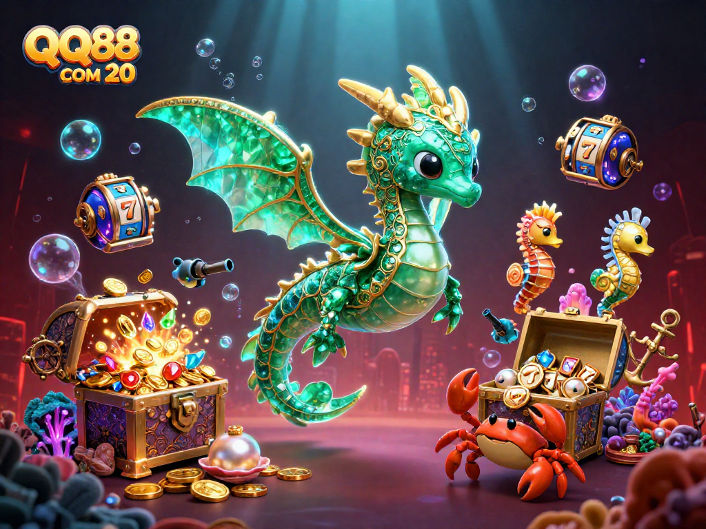 Experience the thrill of QQ88 COM 20 with a vibrant underwater casino scene featuring colorful sea creatures and treasure.