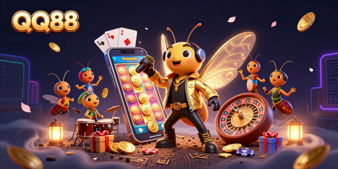 Experience QQ88's excitement with a vibrant 3D casino scene of rock stars, slots, and games.