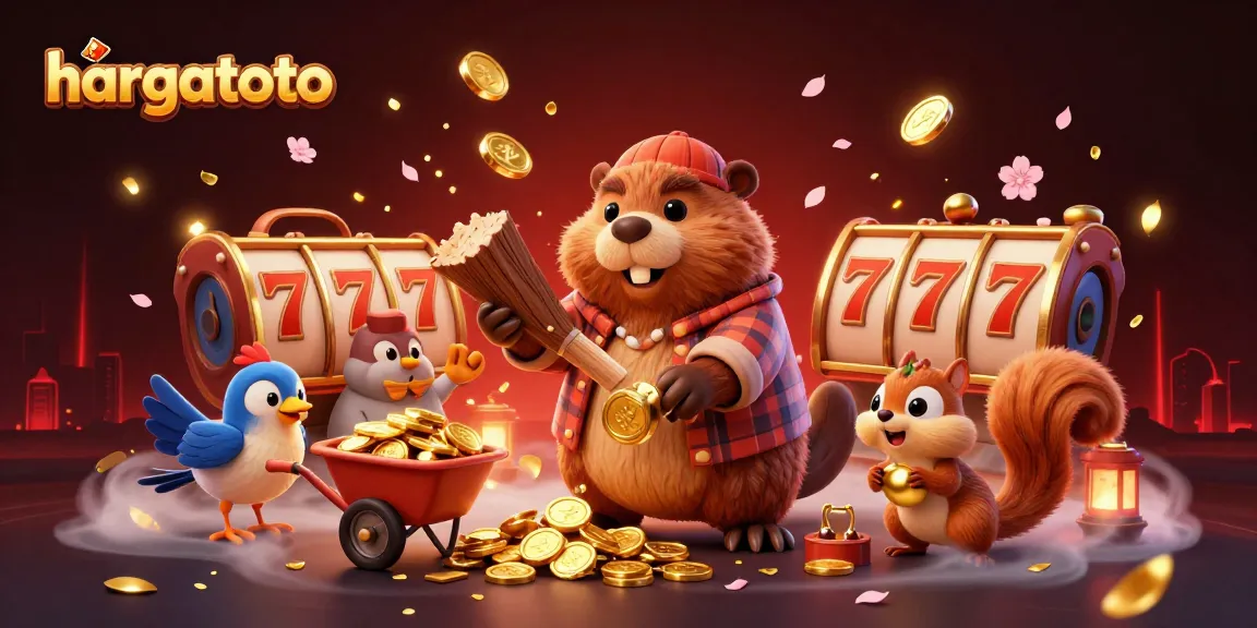 Experience hargatoto's thrilling gaming with a dynamic scene of animated characters collecting golden coins amidst festive casino elements.