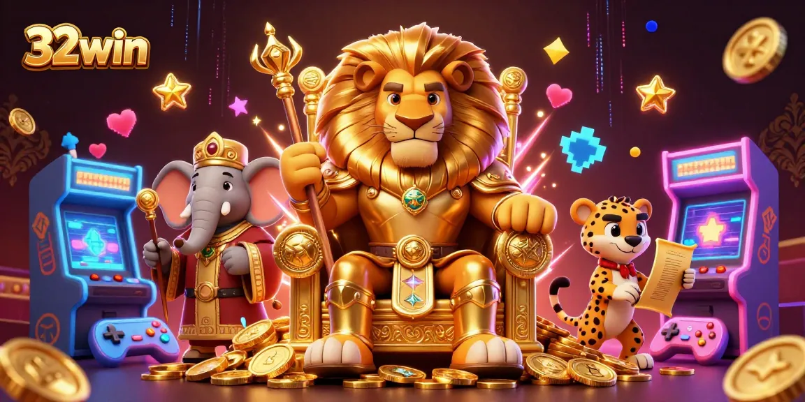 Experience the excitement of 32win with a dynamic casino scene featuring a lion king and colorful game machines.