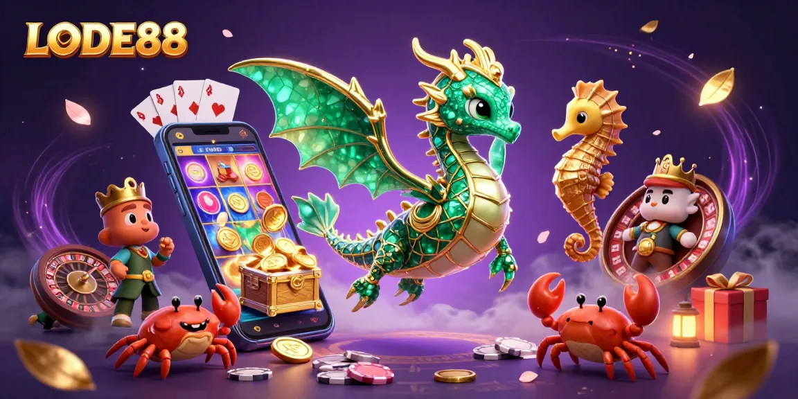 Engage with LODE88's vibrant casino scene featuring a sea dragon and lively gaming elements.