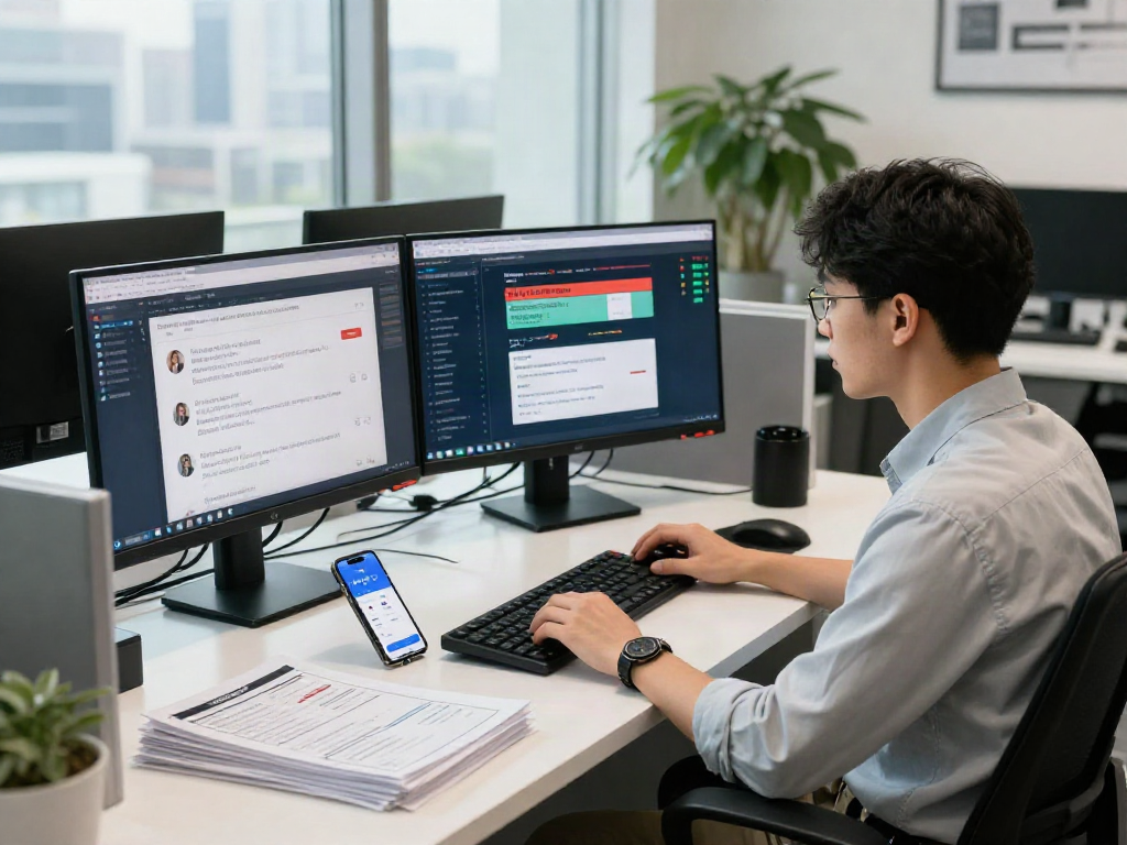 Analyzing 먹튀스팟 검증사이트 performance in a modern office with multiple screens.