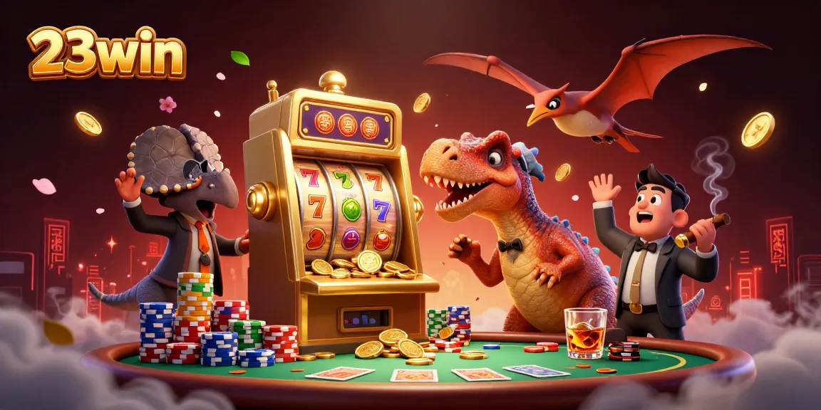 Experience the thrill of 23win with a dinosaur jackpot event featuring fun casino visuals.