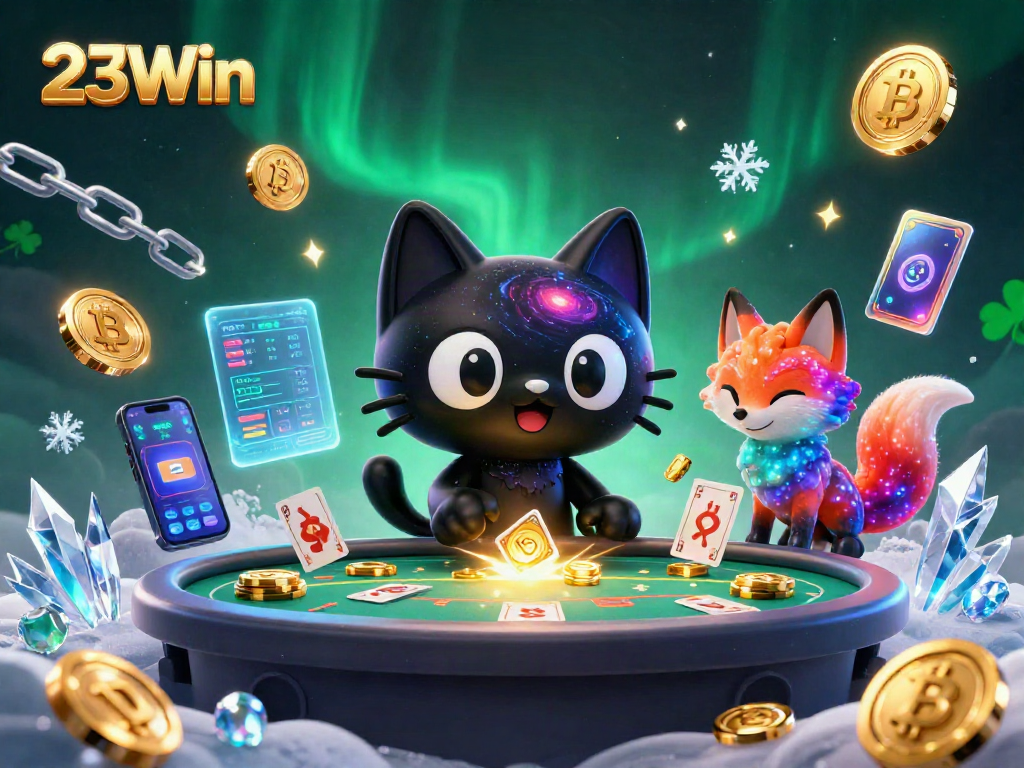 Experience exciting gameplay with 23Win, where a cosmic casino features vibrant characters and floating crypto elements.