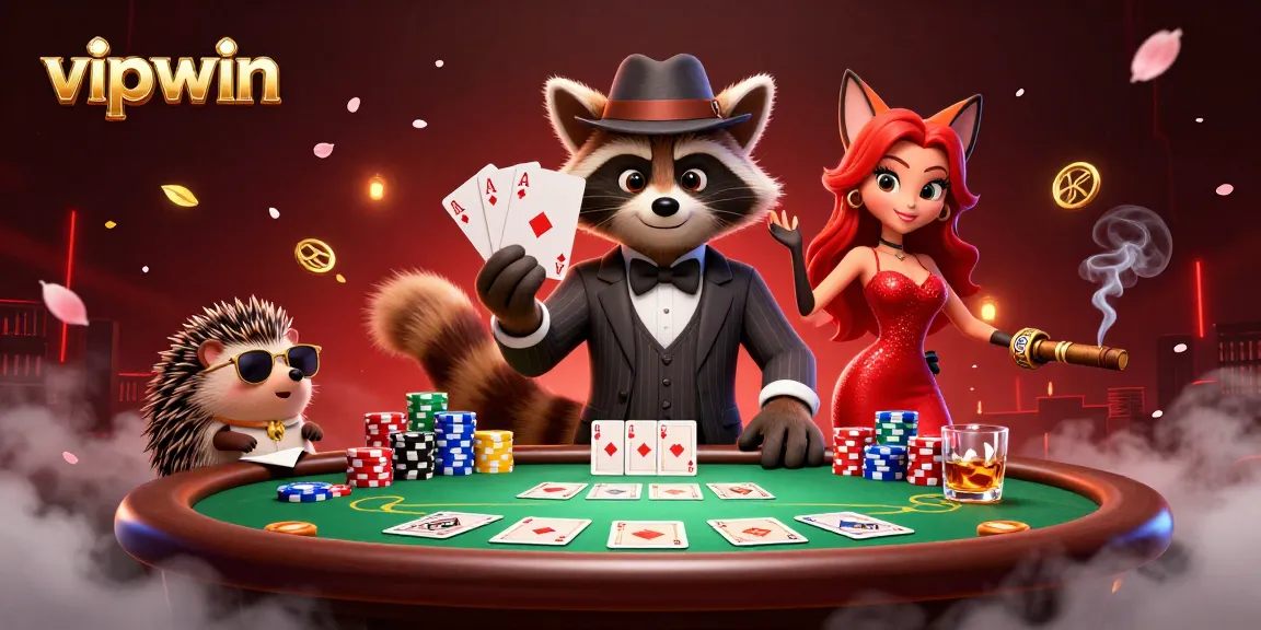Experience vipwin's thrilling poker action with suave characters and vibrant casino elements.