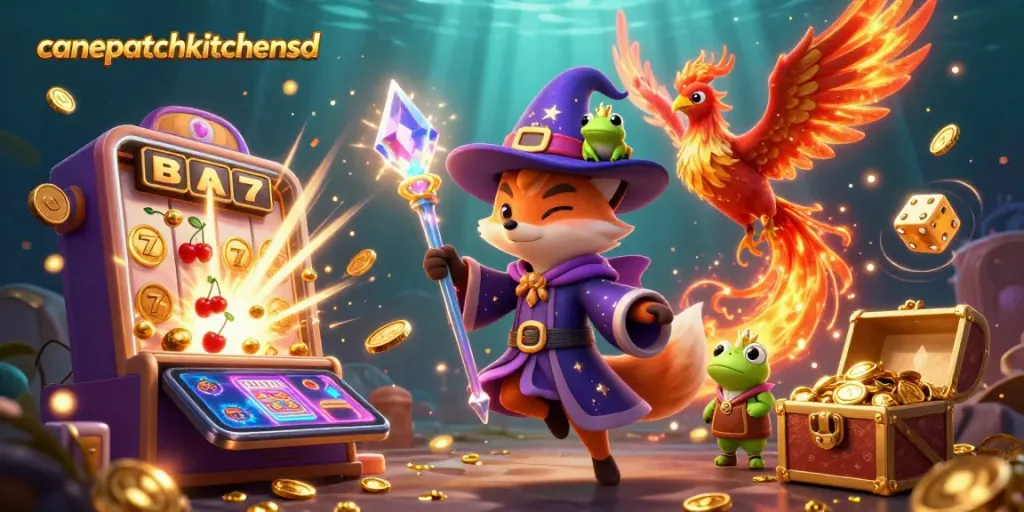 Spin the slots with canepatchkitchensd's dynamic casino scene featuring magical characters and golden treasures.