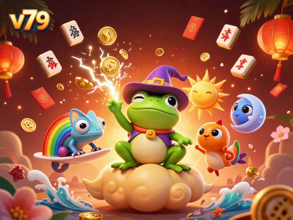 Experience the excitement of v79 with a vibrant 3D illustration of gaming characters and winning elements.