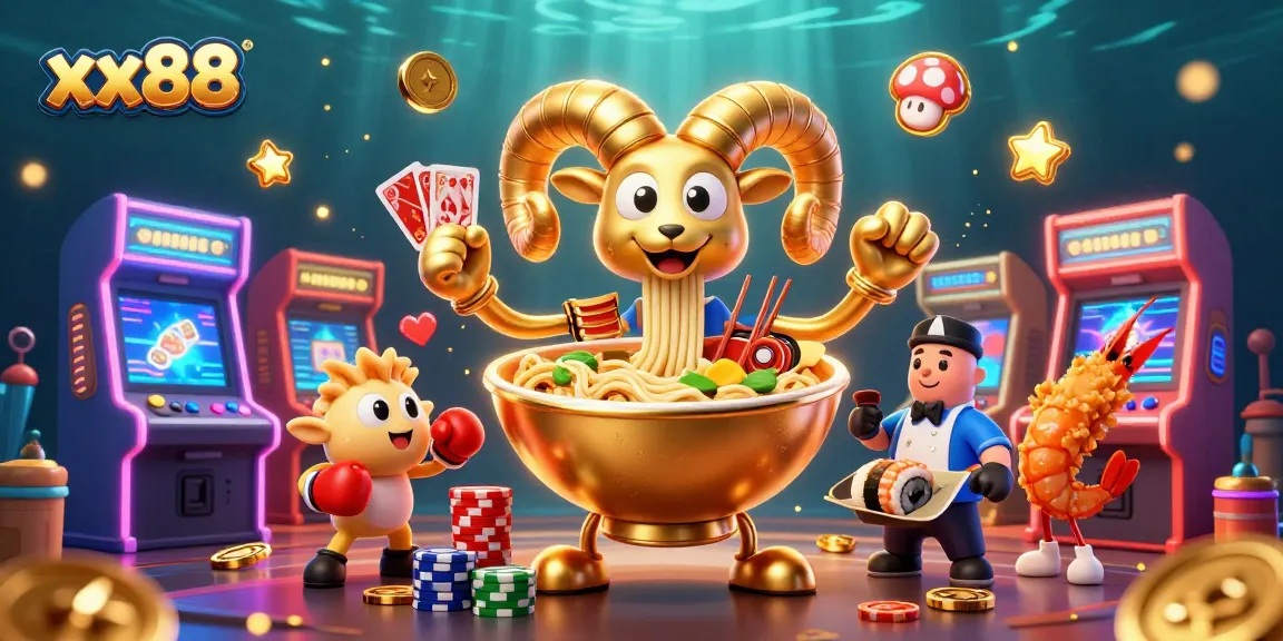 Join the fun at xx88, where a giant ramen bowl deals cards and stacks chips in a vibrant casino.