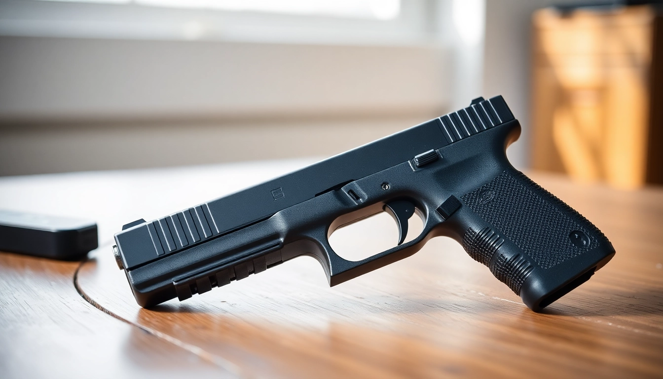 Glock 43 slide showcased with fine details and textures on a polished surface.