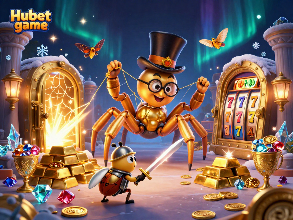 Engage with Hubet game, where a golden tarantula spins a web of jackpot riches amid colorful casino treasures.
