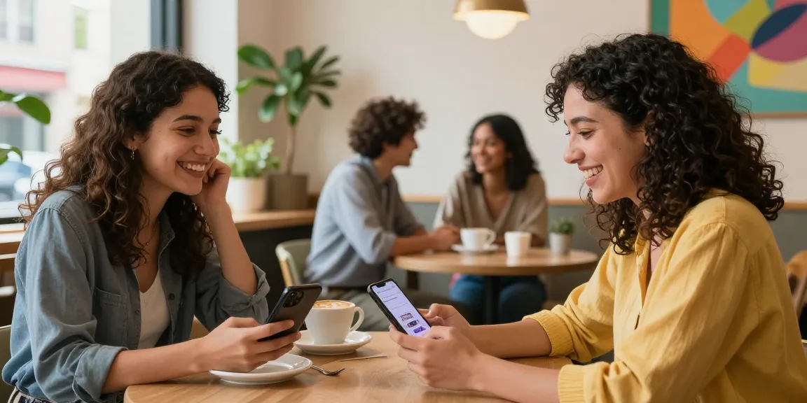 Diverse singles enjoying dating conversations at cafe while using the HundRoses dating app.