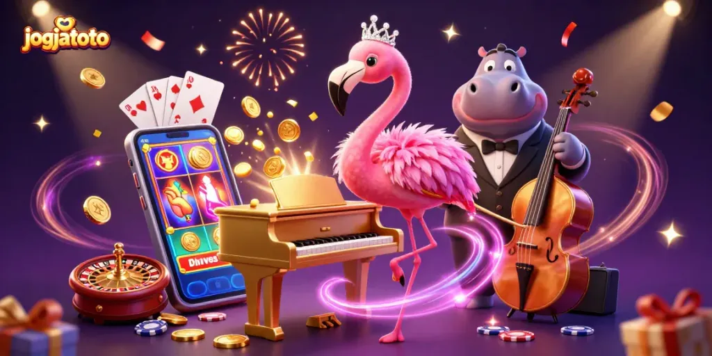 Experience thrilling gameplay at jogjatoto with an energetic 3D casino scene featuring vibrant characters and dynamic elements.