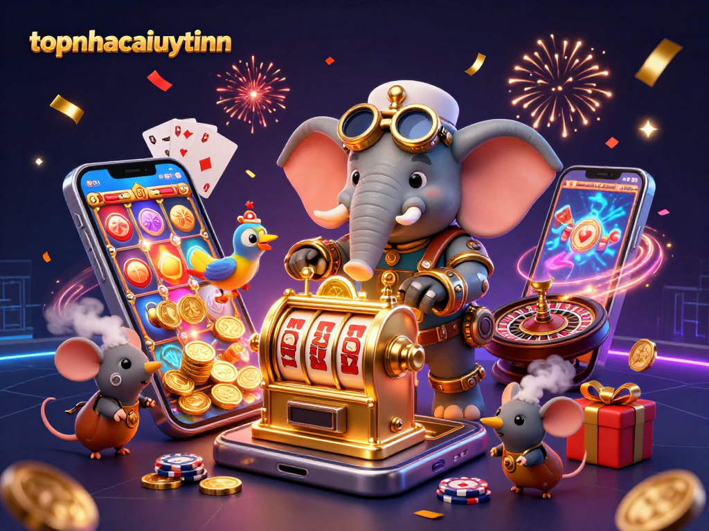 Experience the thrill of topnhacaiuytinn with a vibrant casino scene showcasing steampunk characters and slot games.