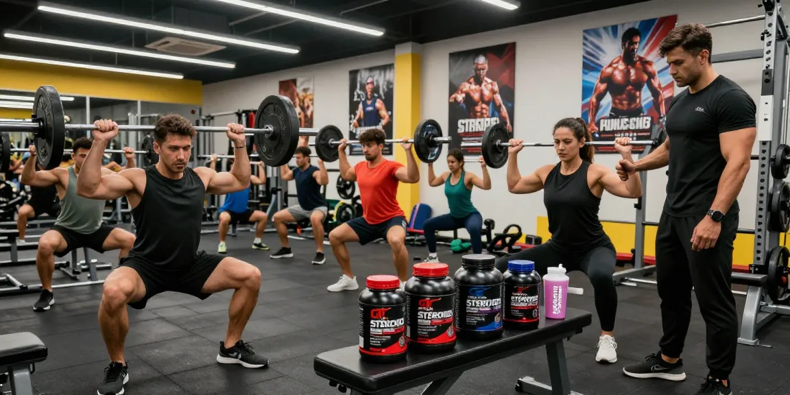Diverse athletes training with Unique Pharma Steroids supplements in a vibrant gym atmosphere.