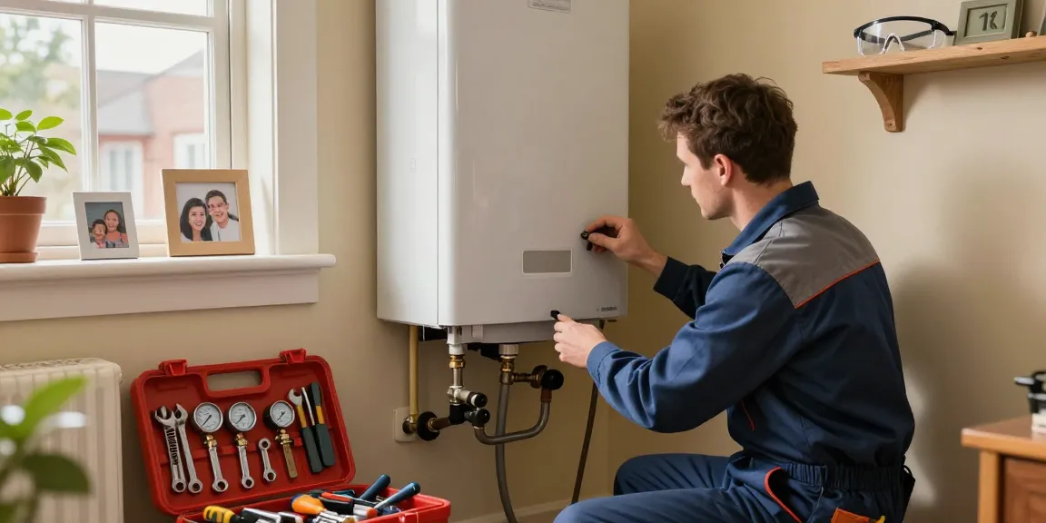 Skilled technician performing Northampton boiler repair service in a cozy home setting with tools and natural lighting.