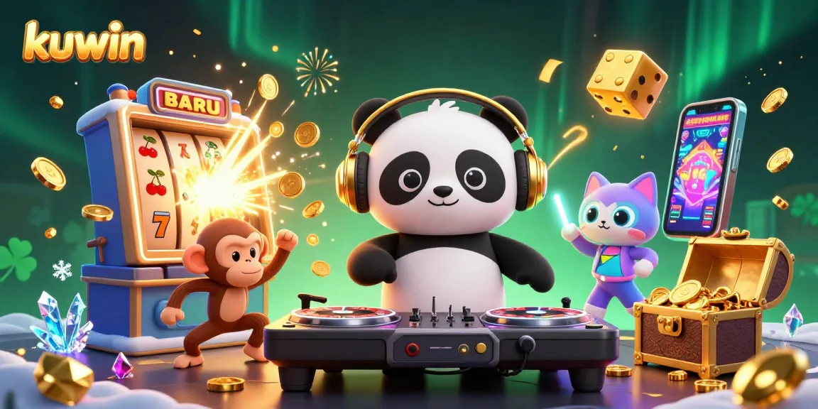Kuwin invites players with a lively 3D illustration showcasing a DJ panda and dynamic characters at a casino.