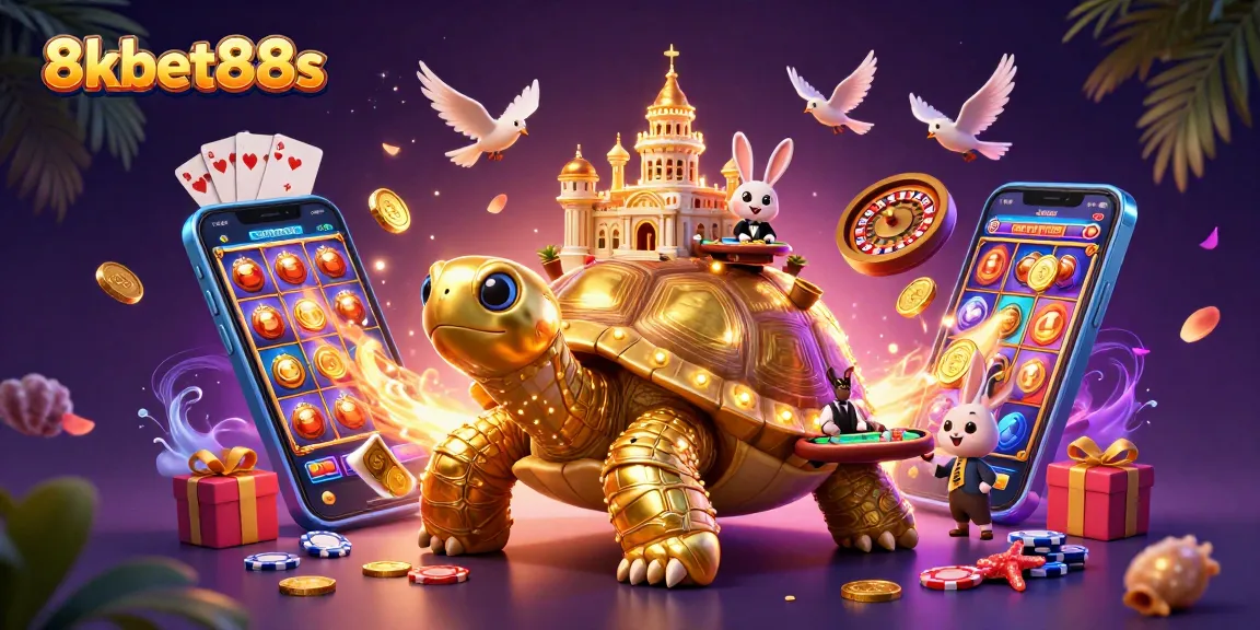 Experience thrilling gaming at 8kbet88s with vibrant illustrations featuring a golden tortoise casino.