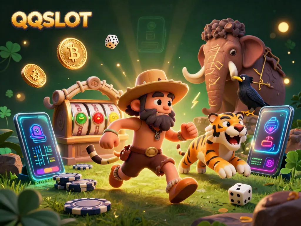 Experience thrilling gameplay at QQSLOT with a playful scene of cavemen and gaming elements.