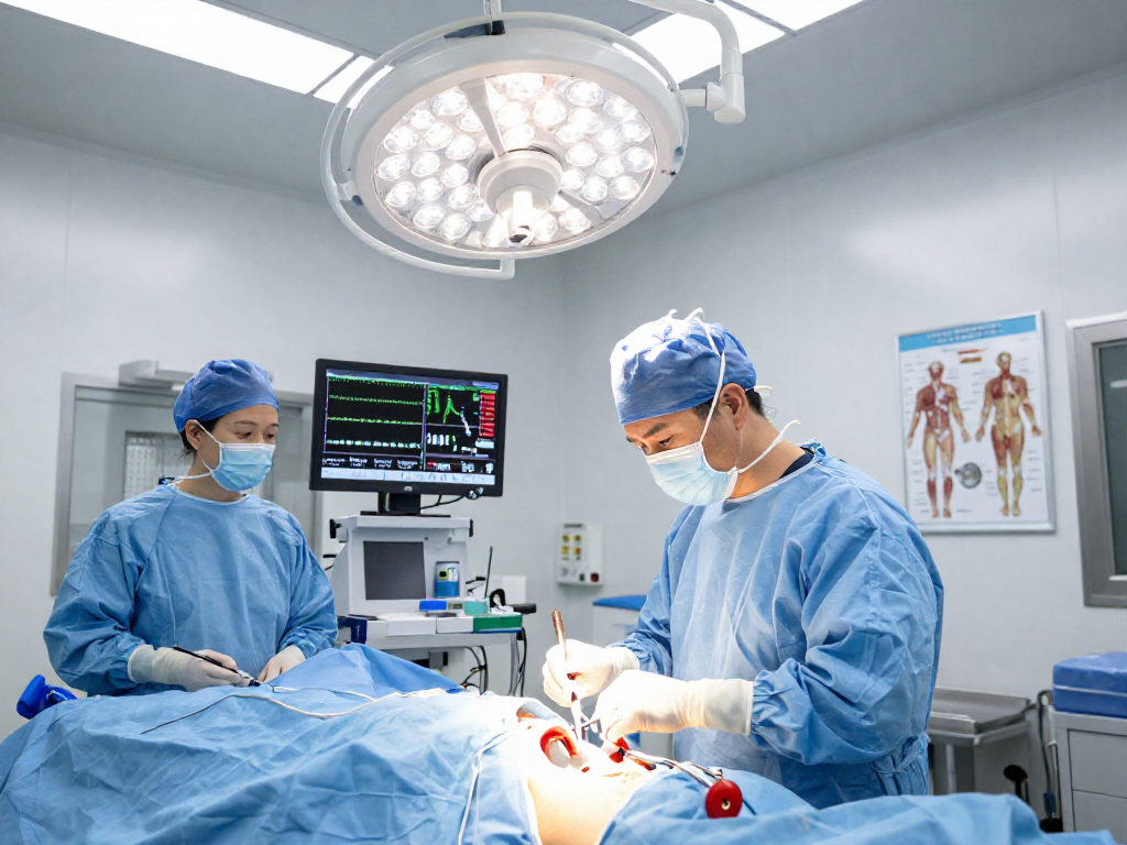 Bel fıtığı ameliyatı showcased in a modern surgical setting with a focused spine surgeon and advanced technology.