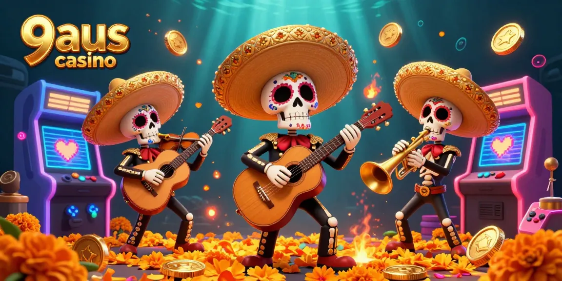 Experience vibrant gameplay at 9aus casino with animated mariachi skeletons and arcade elements in an exciting casino environment.