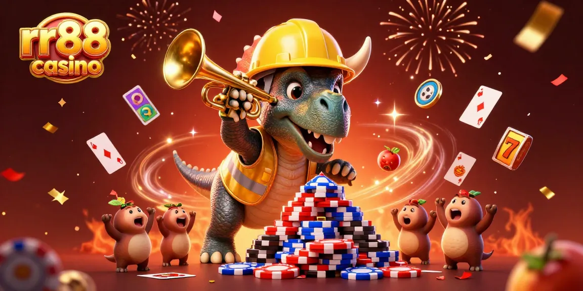 Join the fun at rr88 casino with an exciting celebration scene featuring playful characters and vibrant gambling elements.