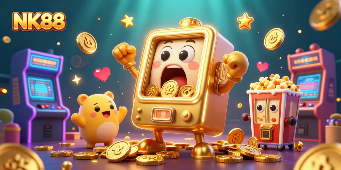Engaging NK88 slot machine illustration showing a jackpot celebration with coins pouring out.