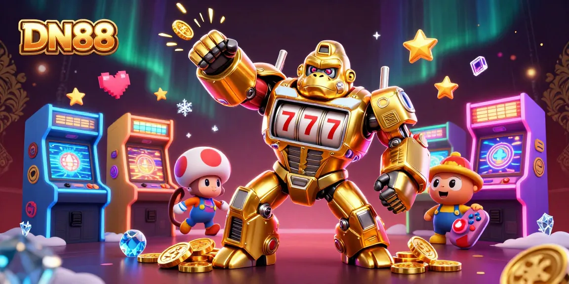 Experience thrilling gameplay at DN88 with a captivating mech illustration filled with vibrant casino elements.