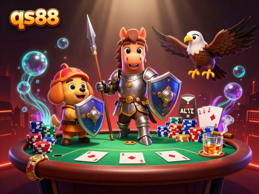 Experience qs88's thrilling gaming atmosphere with a medieval knight, puppy squire, and falcon amidst poker chips and glowing effects.