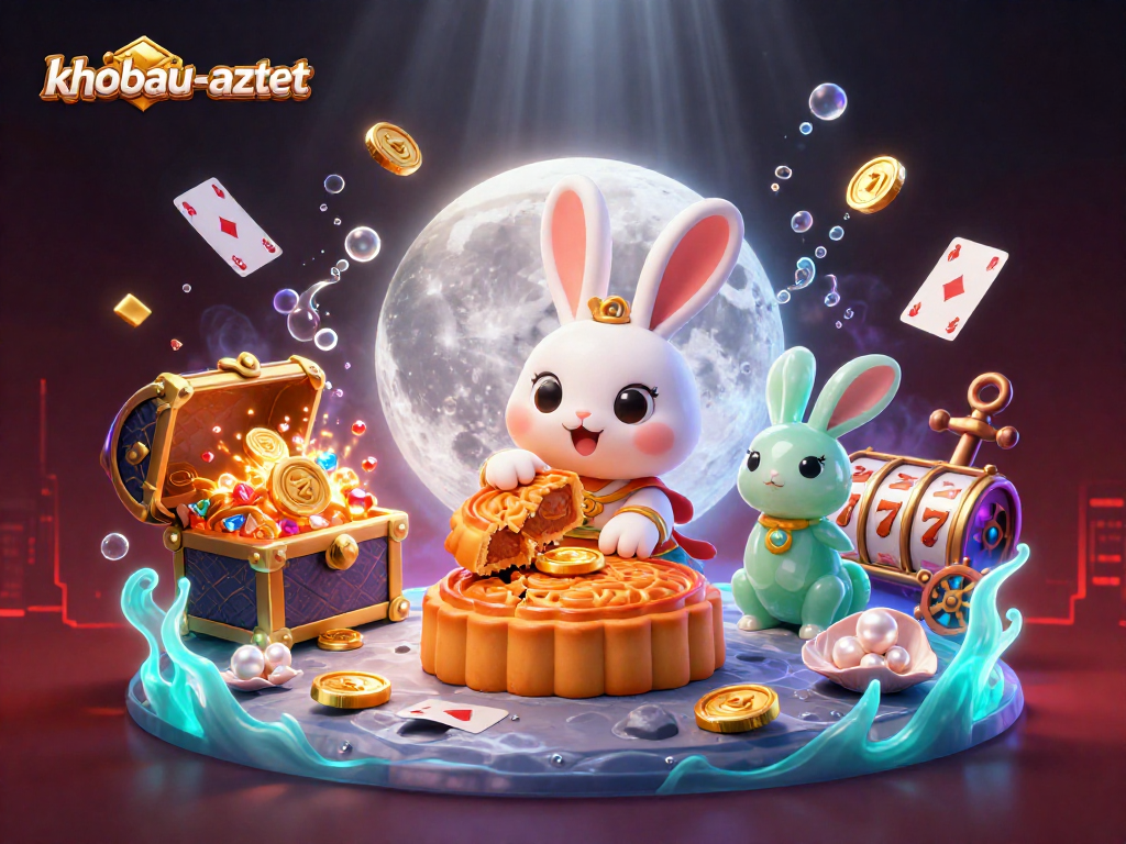 khobau-aztec game illustration with a moon rabbit revealing poker chips among treasures, showcasing dynamic gameplay