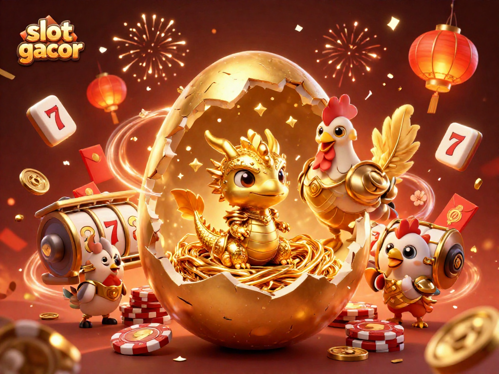 Spin to win with slot gacor as a golden dragon reveals jackpot treasures within a whimsical casino scene.