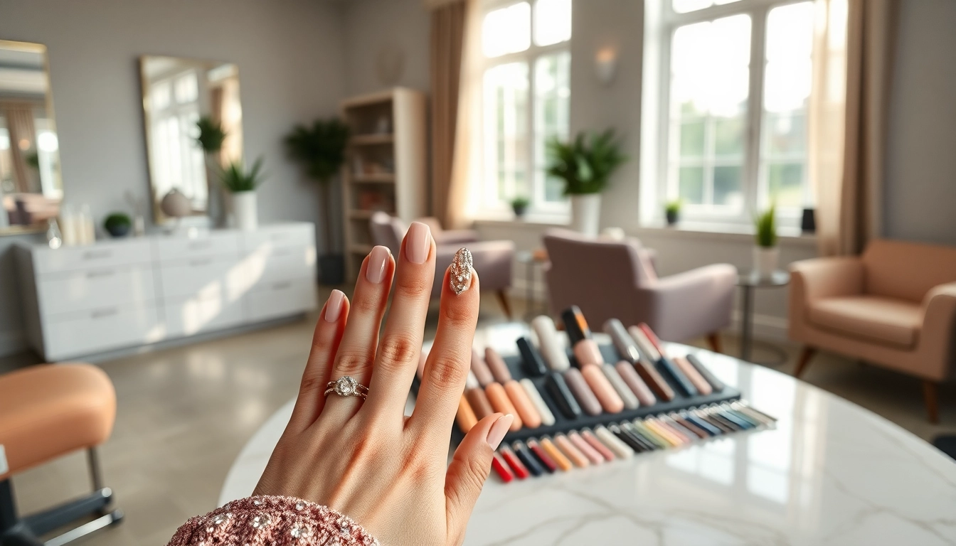 Nail extensions showcased on a manicure table with vibrant colors and styles.