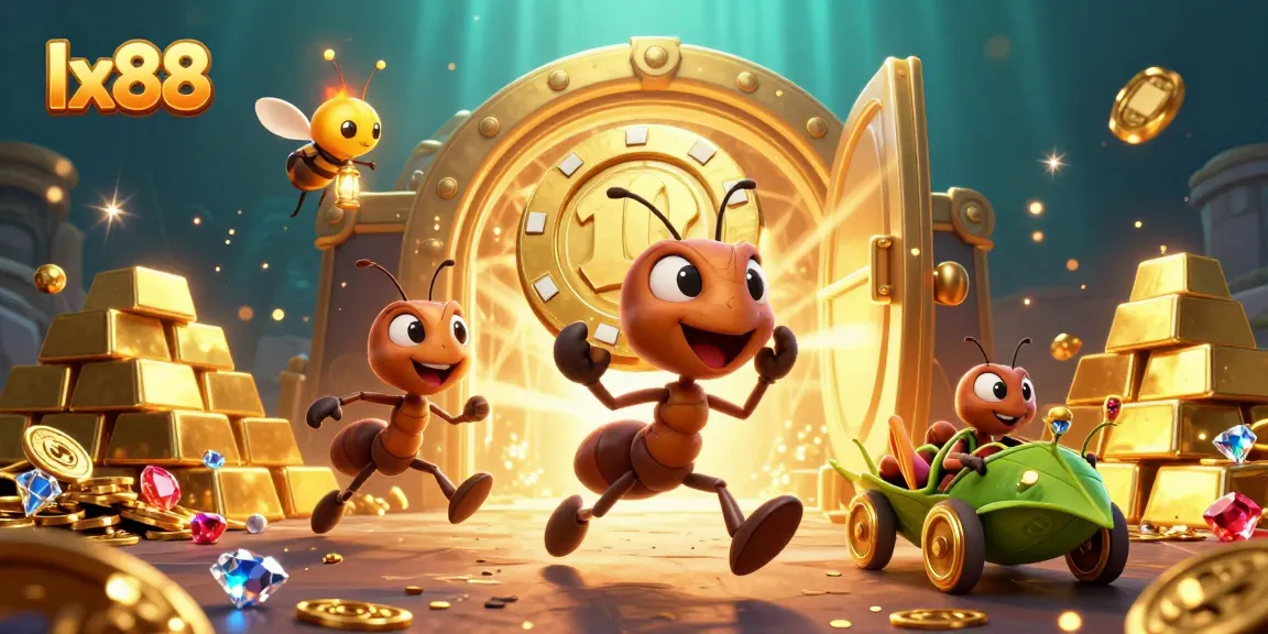 Experience thrilling gameplay with lx88, where ants carry a giant poker chip in a vibrant casino heist scene.