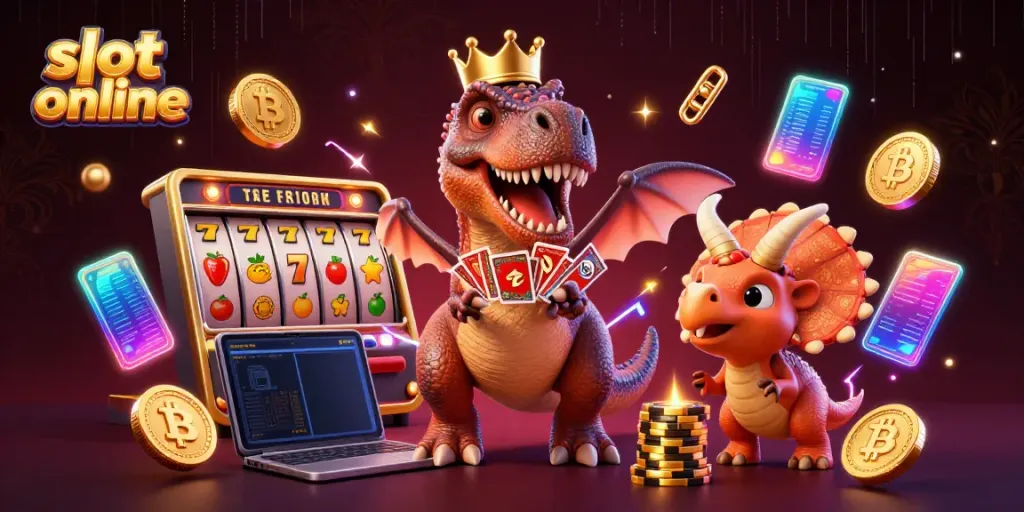 Engaging 3D cartoon scene illustrating a T-Rex and friends playing slot online with vibrant casino elements.