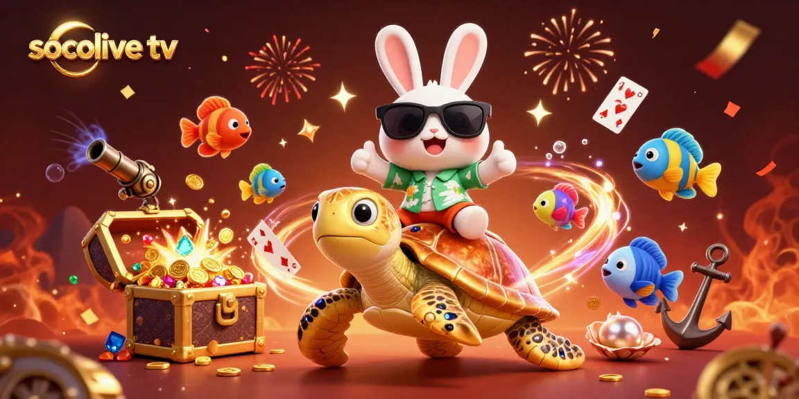 socolive tv showcases a vibrant 3D scene with a lucky rabbit and a sea turtle in a dazzling casino atmosphere.