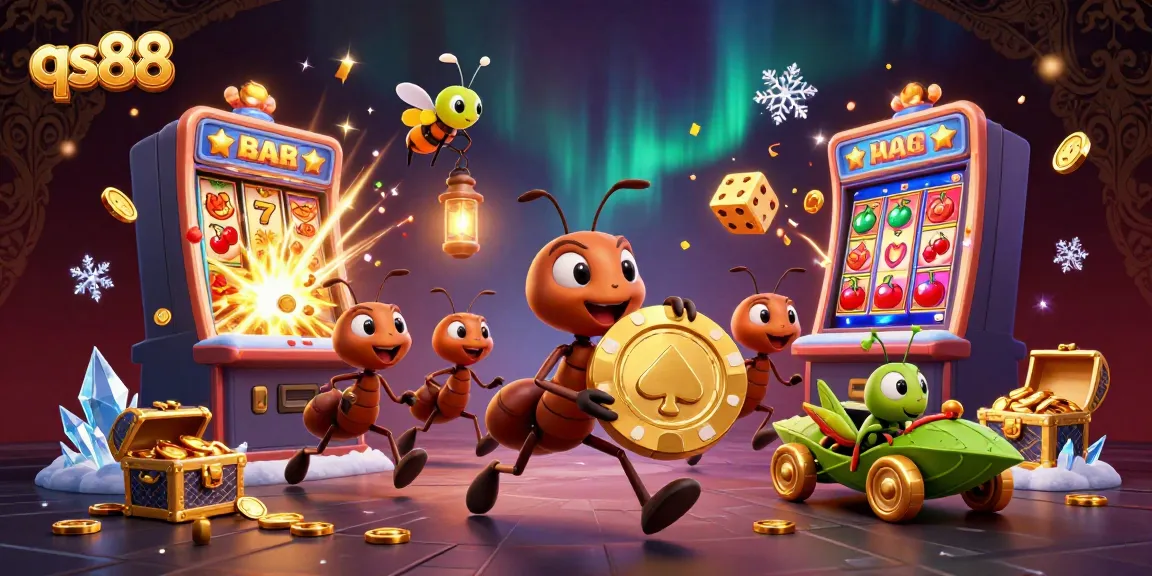 Experience excitement with qs88 as cartoon ants heist golden poker chips under firefly lights, highlighted by slot game elements.