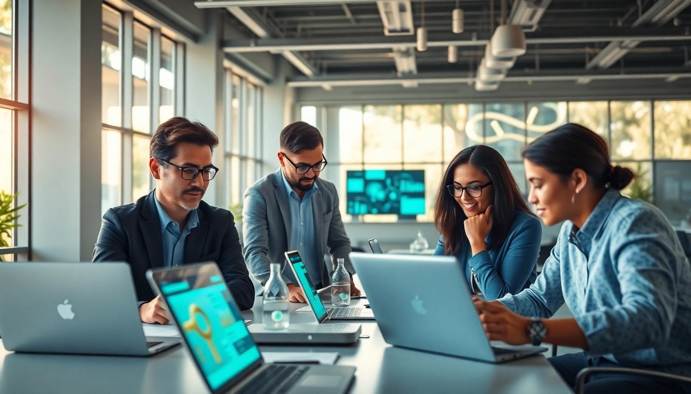 AI agents assisting users in a collaborative office setting with digital tools and technology.