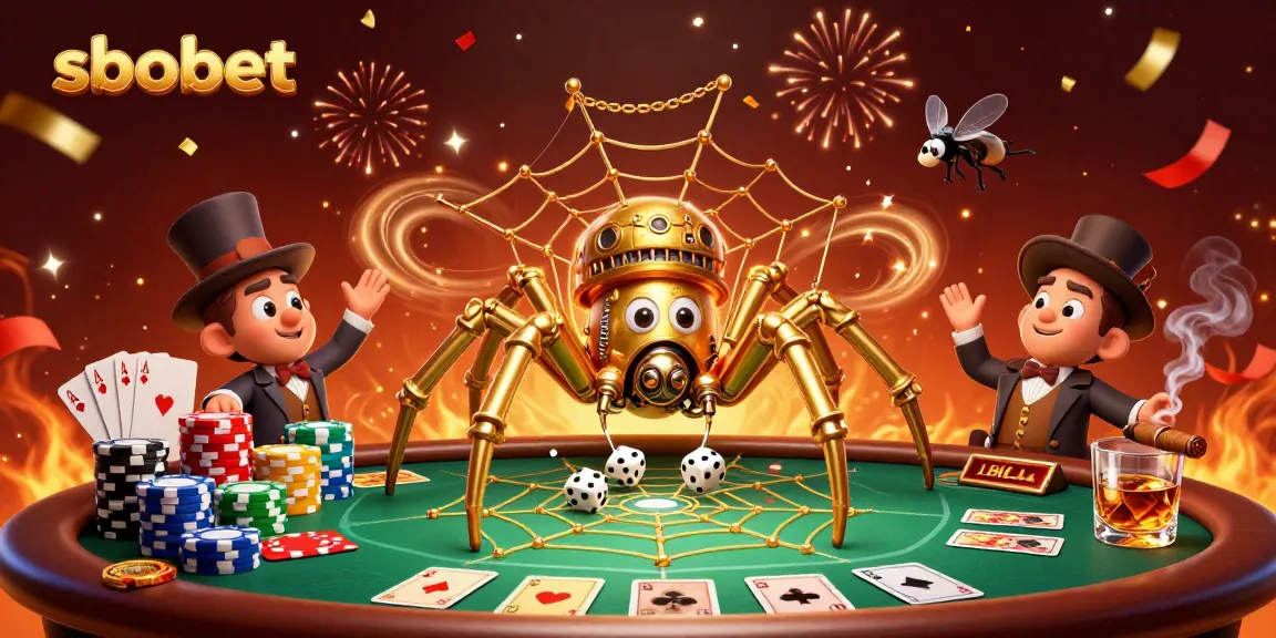 SBOBET brings unique betting excitement with a 3D golden spider and poker elements in a vibrant casino scene.