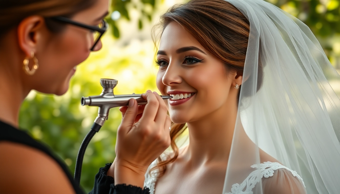 Captivating scene of a bride enjoying wedding airbrush makeup Dallas in a natural setting.