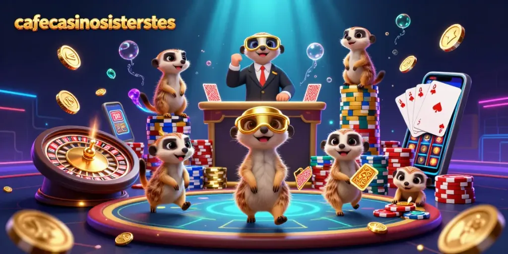 Experience fun at cafecasinosistersites featuring cartoon meerkats in a vibrant casino scene.