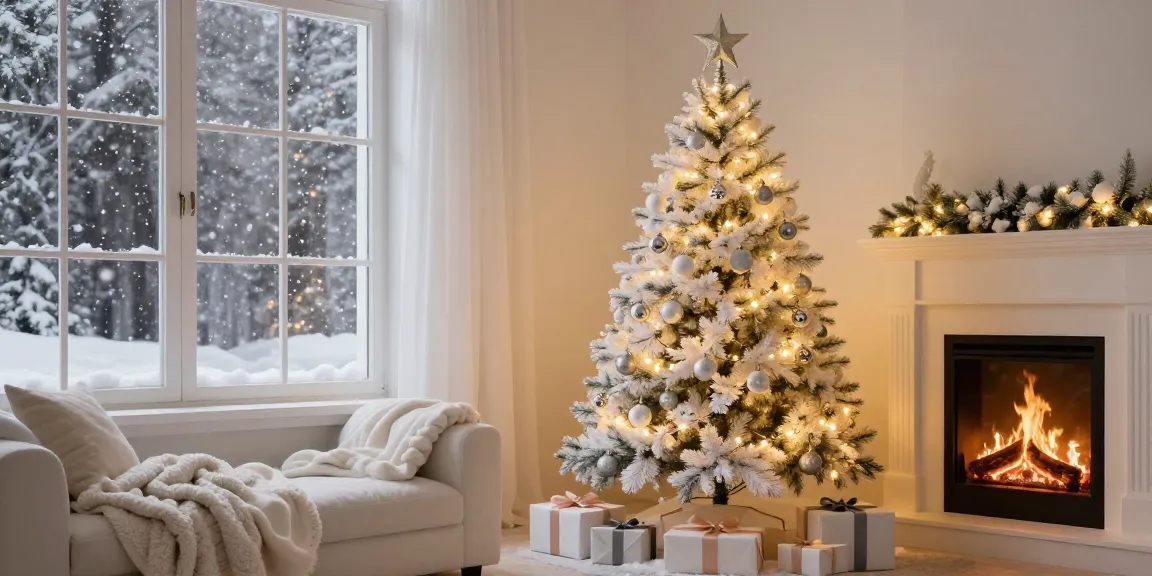Artificial white xmas trees elegantly adorned with lights and ornaments in a cozy living room setting.