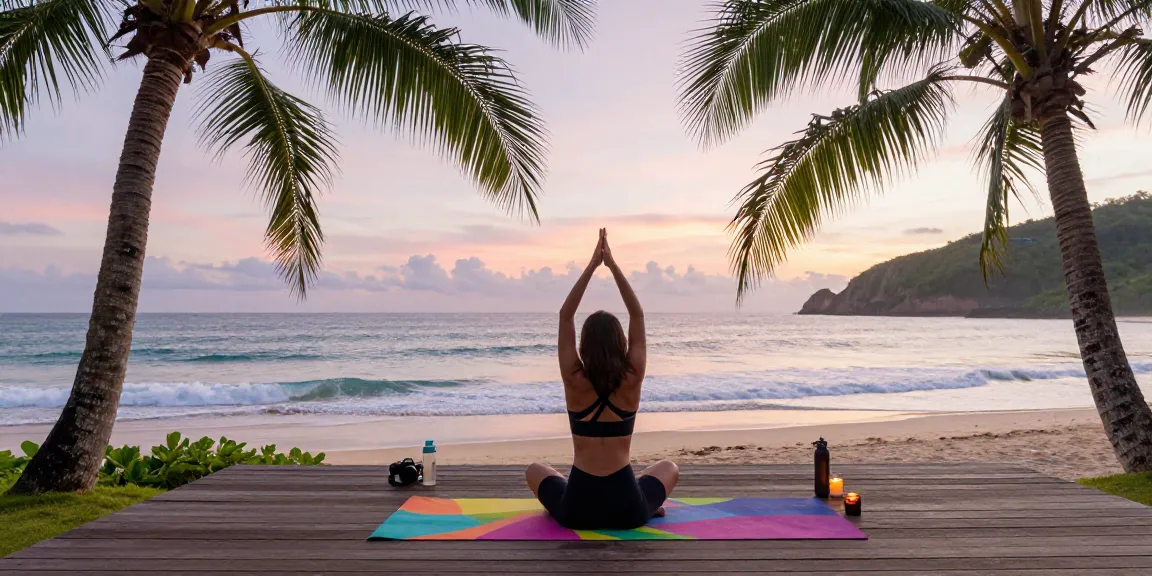 Wellness retreat yoga practice at a serene coastal beach during sunrise.
