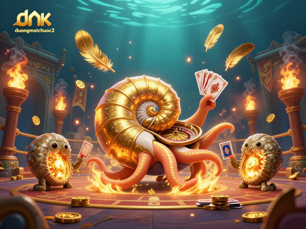 Engage in exciting gameplay with duongmatchuoc2, featuring vibrant golden nautilus and illuminated ammonites.