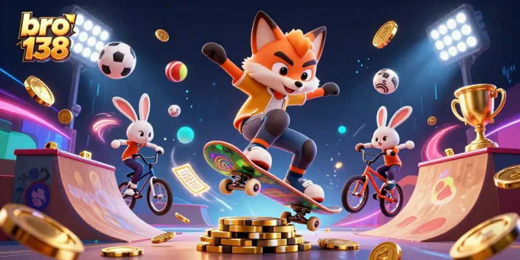 Experience bro 138 excitement with a dynamic fox and rabbit at a casino-themed showdown.