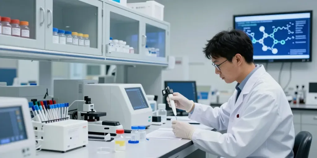 High-quality peptides in a lab environment showing HEALTHYPEPTIDES in analyzed vials and scientific equipment.