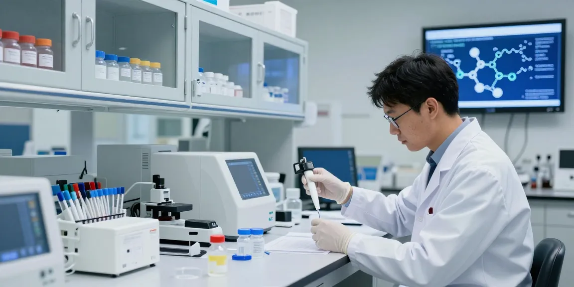 High-quality peptides in a lab environment showing HEALTHYPEPTIDES in analyzed vials and scientific equipment.