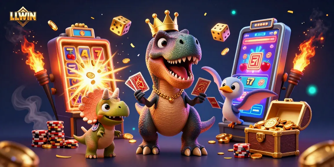Experience LLWIN's exciting 3D scene with a T-Rex shuffling cards amidst a jackpot explosion.